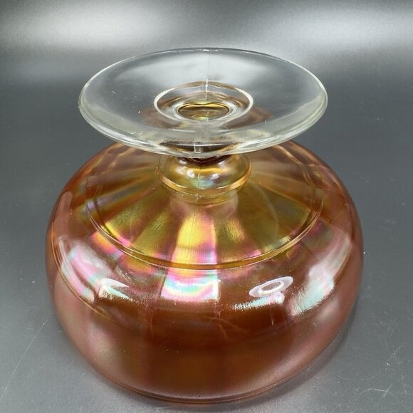 Vintage Carnival Glass Footed Dish Bowl Compote With Iridescent Finish Amber VTG - Picture 13 of 13